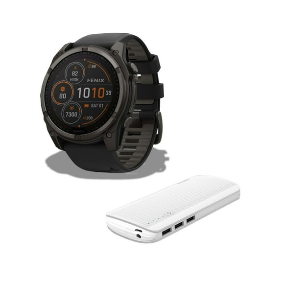 Garmin Fenix 8 Sapphire Solar 51mm Built-In LED Flashlight Smartwatch (Black and Pebble Gray) Bundle with Power Bank (2 Items)