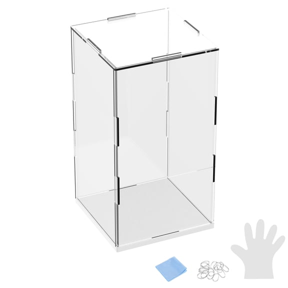 1-Pack Acrylic Display Case, 5.9x5.9x9.8 Inch/15x15x25cm Acrylic Clear Display Case Box with Black Wooden Base [White, Clear]