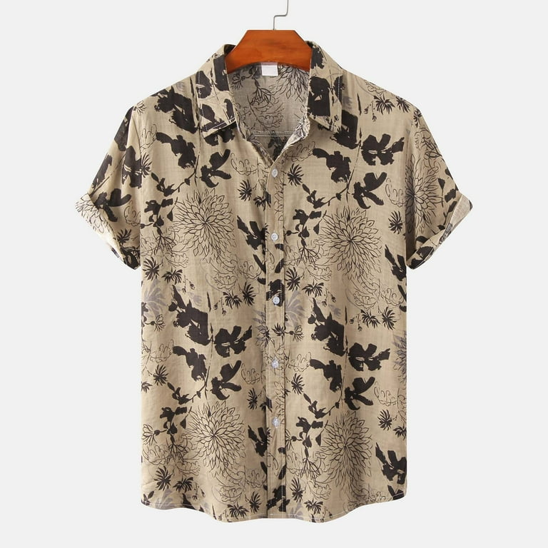 JSGEK Men's Summer T-Shirts Floral Print Short Sleeve Dressy Plus Size  Fashion Gifts Tees for Boys Button Down Cozy Casual Pullover Basic Shirt  Lapel Rollbacks Brown XL 