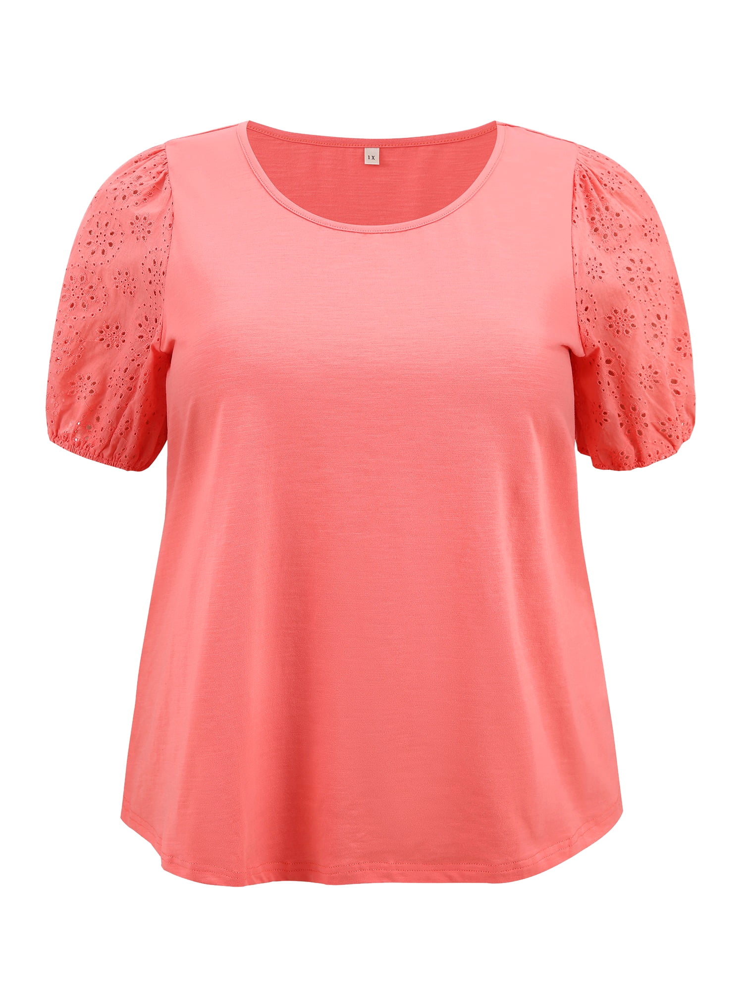 DARING DIVA Women's Plus Crew Neck Embroidered Short Sleeve Blouse 4X Coral Red