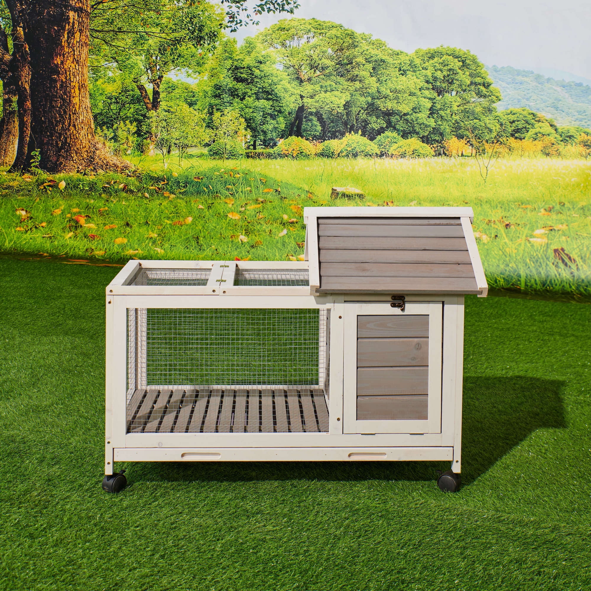 Kepooman 40.7" Wooden Rabbit Hutch, Indoor Bunny Cage with Pull Out Tray, 4 Casters Include, Gray Kepooman 40.7" Wooden Rabbit Hutch, Indoor Bunny Cage with Pull Out Tray, 4 Casters Include, Gray