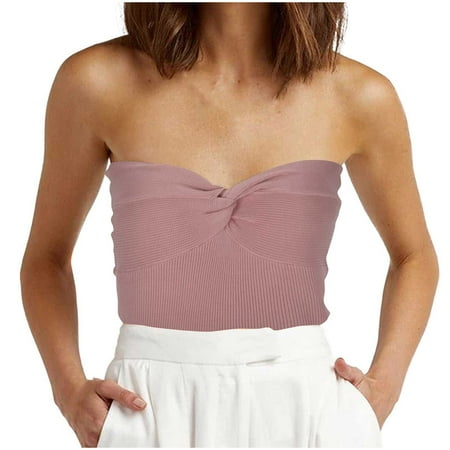 

Crop Tops for Women Tunic Tops Womens Strapless Crop Top Sexy Sweetheart Neck Ribbed Knit Twisted Knot Front Sleeveless Tops Womens Workout Tops Black Shirts for Women on Sales Pink XL