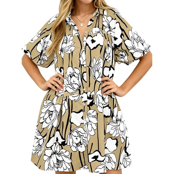 Short Sleeve Women Floral Print Loose Fit Lapel V-neck Casual Mini Dress