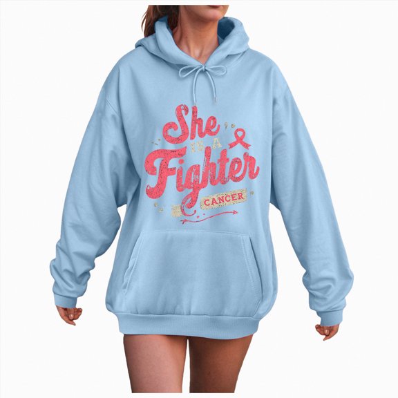 Towmus She Is A Fighter Letter Print Graphic Hooded Sweat Shirts for Womens Oversize Pullover Tops Cute Fall Clothes
