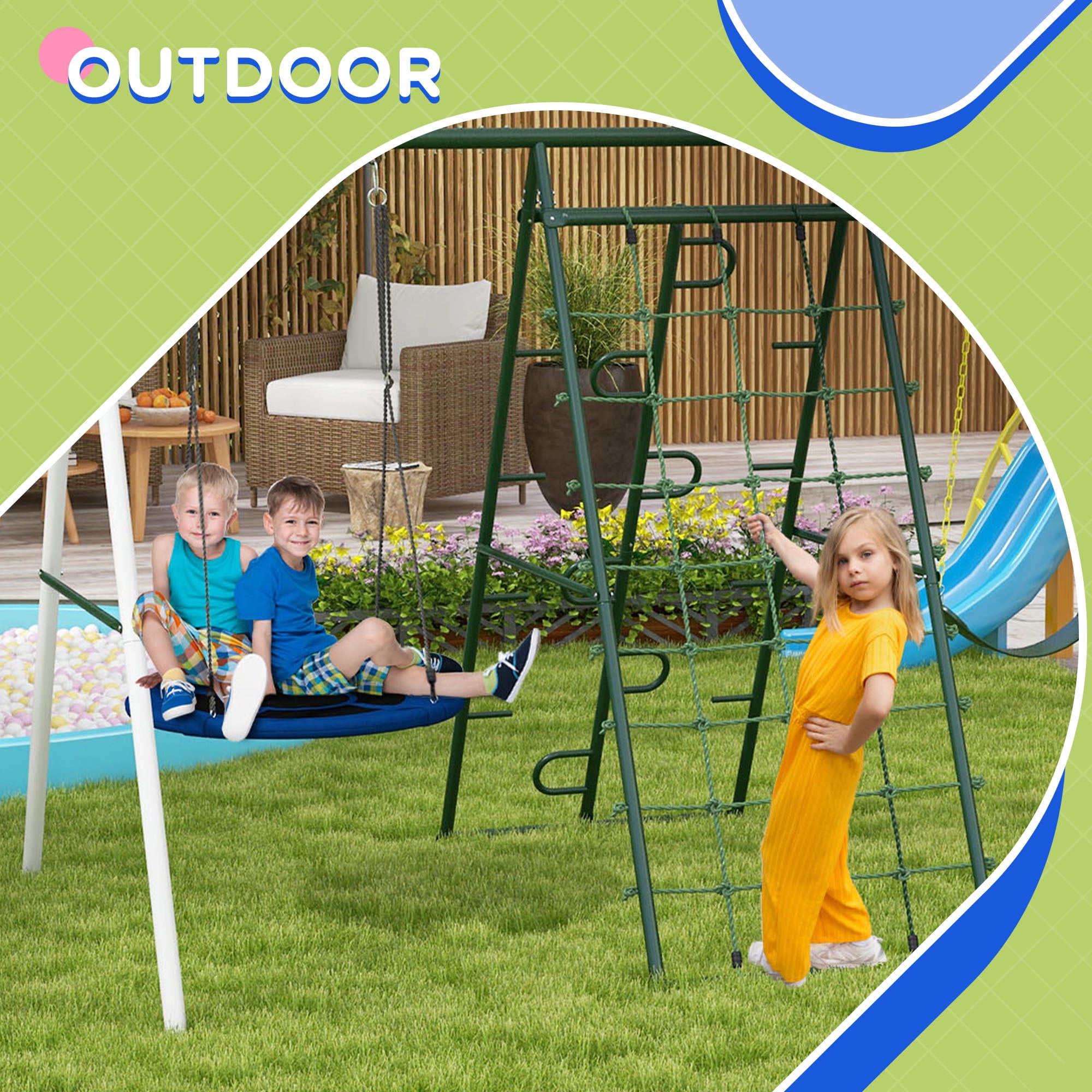 Aukfa 7 in 1 Kids Swing Set with Slide, Outdoor Heavy-Duty Metal Playset with Climbing for Backyard, Blue