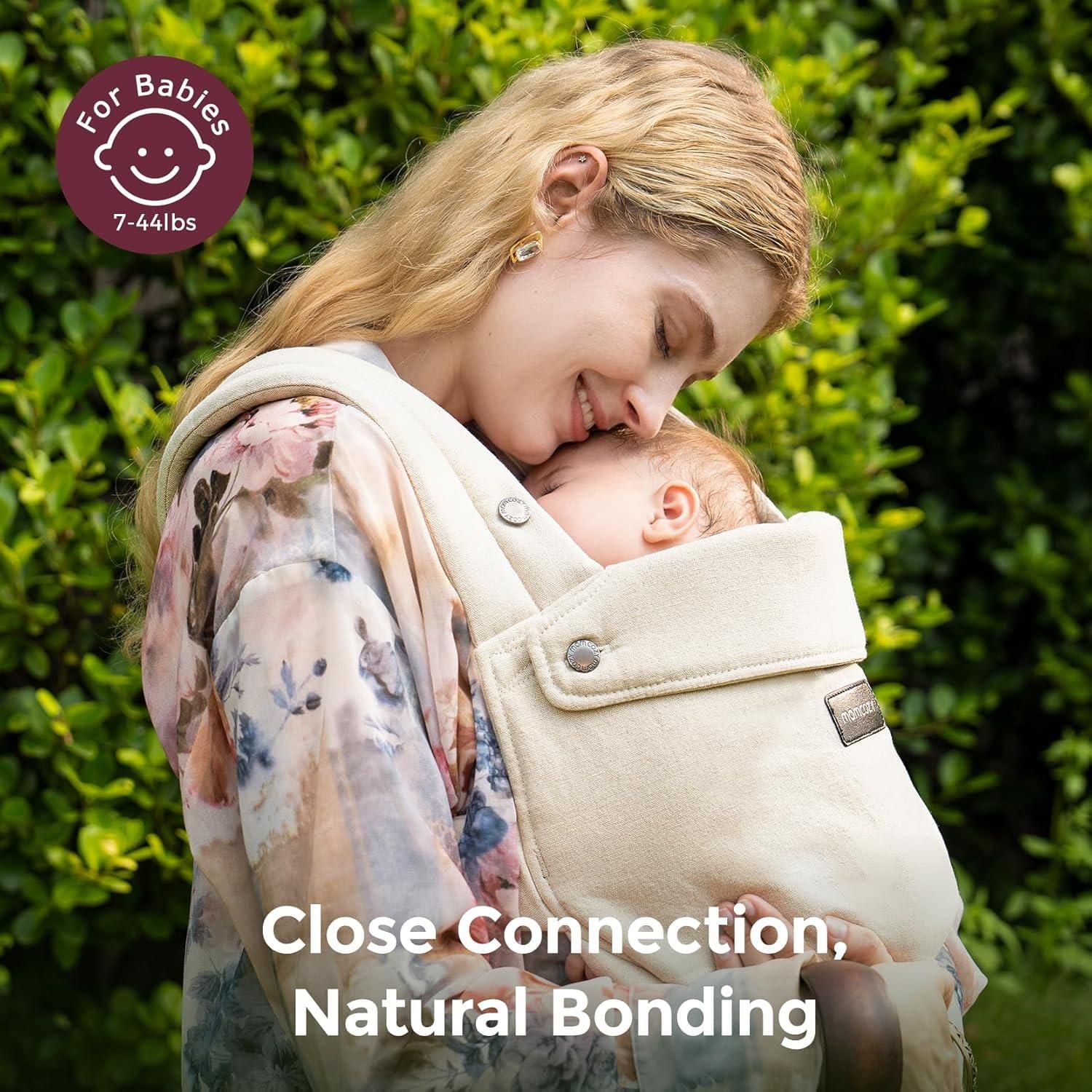 Porte-bébé Momcozy en coton naturel, conçu pour durer, design ergonomique, 7-44lbs pour nourrissons et enfants en bas âge, léger et confortable, mains libres pour les mamans et les papas, ambre clair