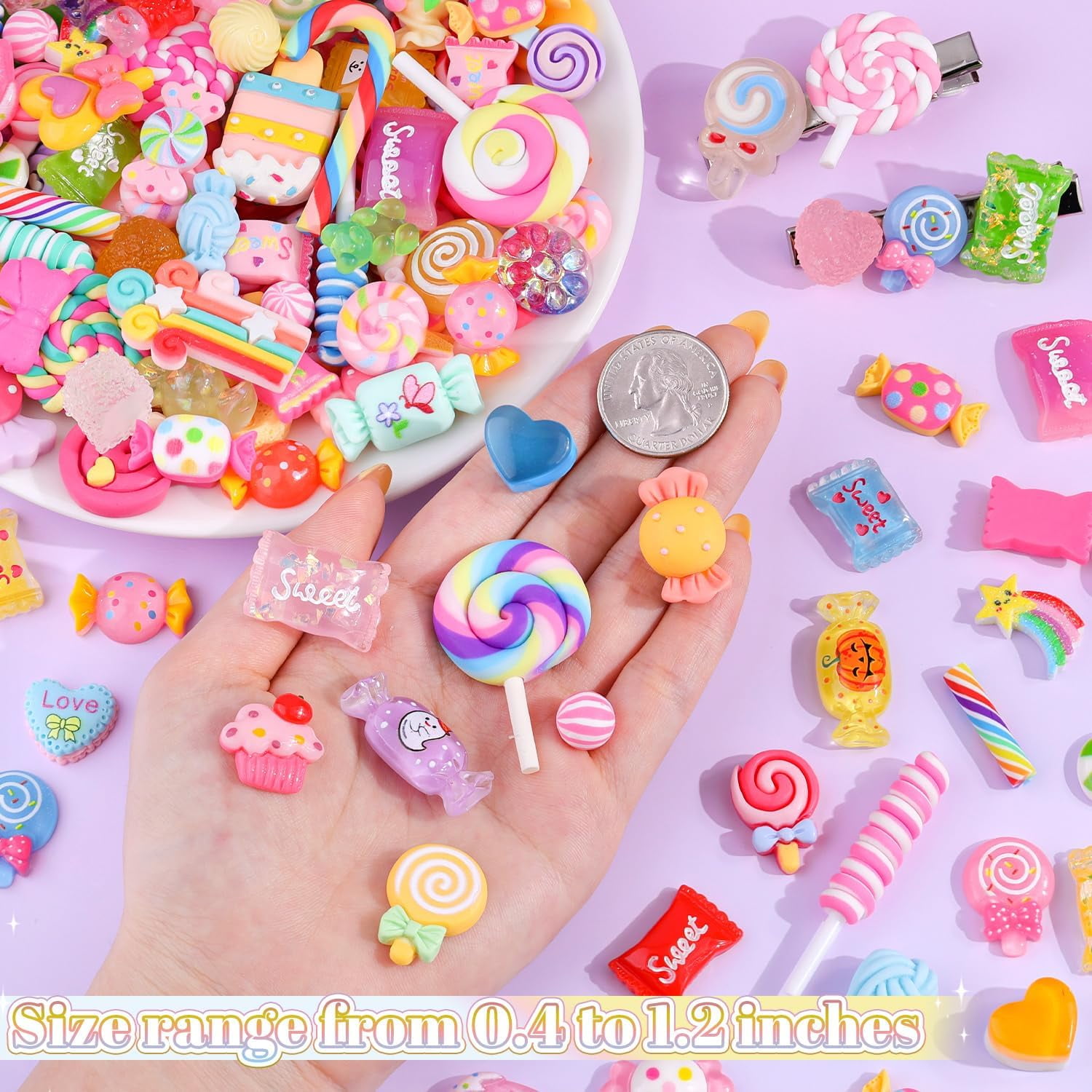 MEC 120Pcs Candy Slime Charms Assorted Cute Decoden Embellishments, Kawaii Slime Accessories,Bulk Lollipop Bow Rainbow Flatback Resin Charm for Phone Junk Cases,Scrapbooking Crafting & DIY Decoration