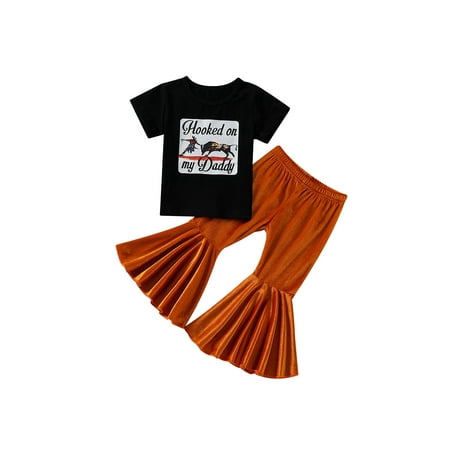 

Frobukio Little Kids Girls 2Pcs Outfits Letter Graphic Print Short Sleeve T-Shirts + Solid Color Flare Pants Sets Black 5-6 Years