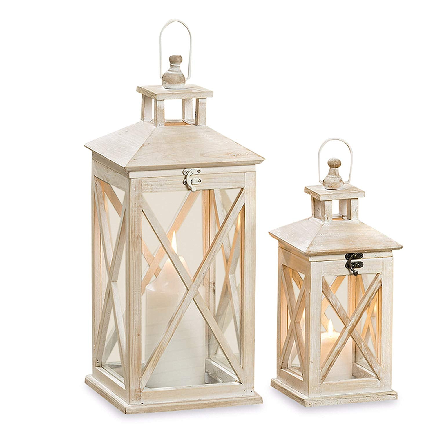 Cape Cod Farmhouse Candle Lanterns, Set of 2, White Washed Wood, Top