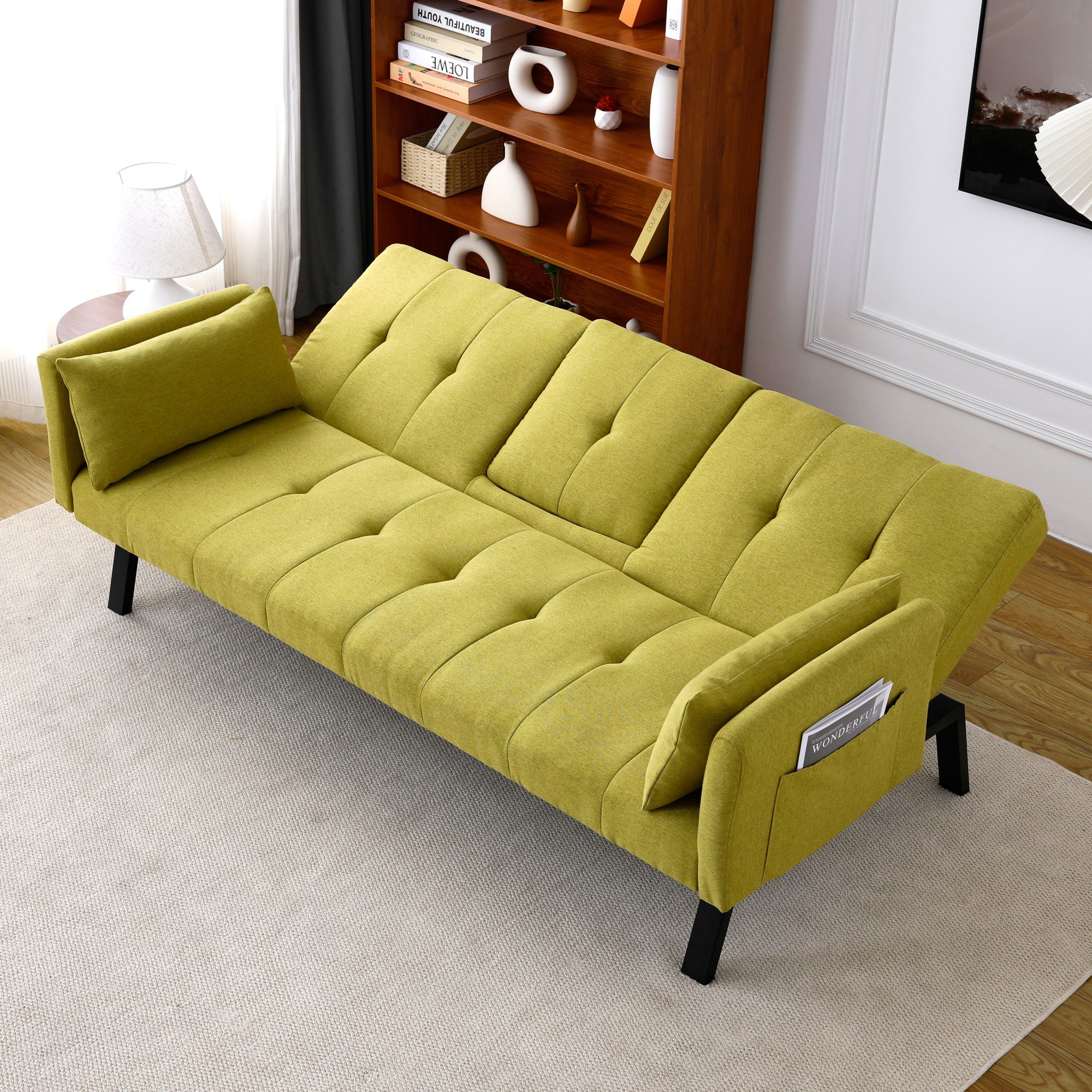 70 inch Futon Sofa Bed Cotton Linen Sofa Couch Convertible Folding Recliner with 2 Cup Holders,Side Storage for Living Room,Green