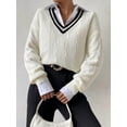 thumbnail image 4 of Womens V Neck Oversized Sweaters Long Sleeve Cable Knit Pullover Striped Chunky Sweater Casual Tennis Tunic Tops White S, 4 of 6