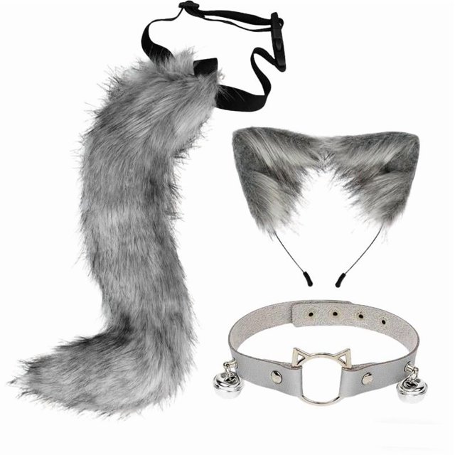 Conjunto de orejas y cola de gato y zorro, disfraz de cosplay para actuación en el escenario de Navidad. Gris