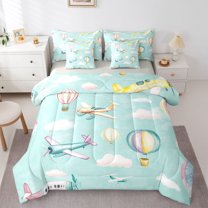 Homewish Vintage Airplane Boys Bedding Comforter Set 7-Piece, Kawaii Cartoon Aircraft King Bedding Sets, Hot Air Balloon Print Reversible Bed Sheets, Breathable Home Decor