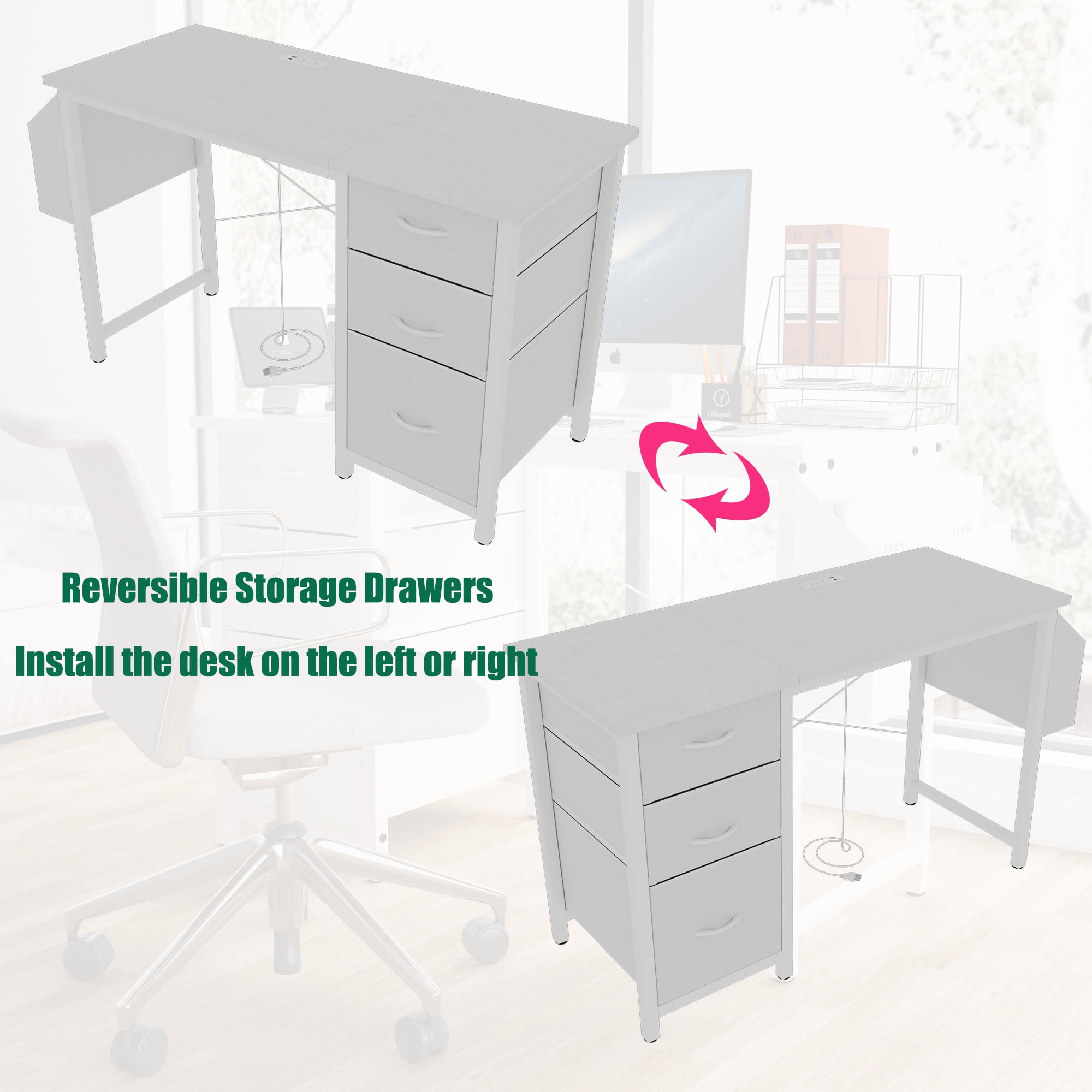 Multi-Functional Hidden Power Outlet Fabric Drawers & Side Pocket Adjustable & Reversible White Modern Executive Desk Home & Office Storage Solution(Chairs not included)