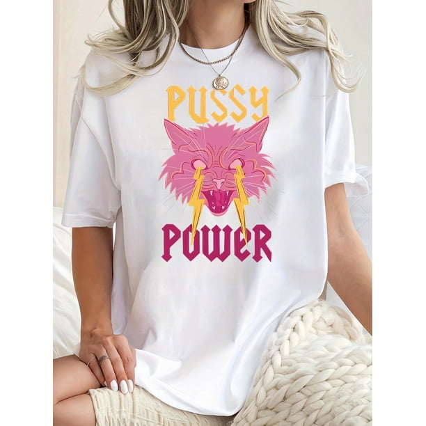 Women's Fun Lightning Eye Cat Graphic Tee - Casual Round Neck Short Sleeve T-Shirt, Stretchy Polyester Blend, Machine Washable - Perfect for Summer