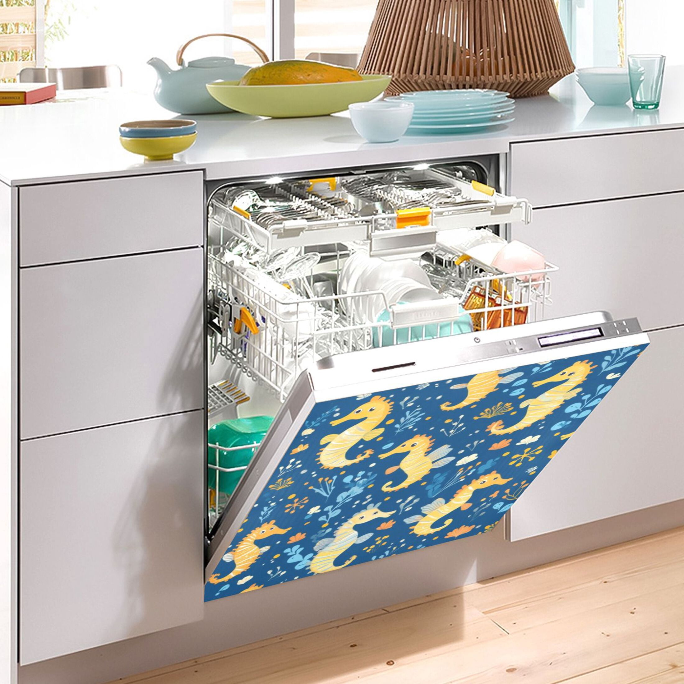 Dishwasher Magnetic Sticker 23x26 Inch Refrigerator Magnetic Sticker Washing Machine Magnetic Sticker Kitchen Panel Magnetic Sticker Home Decor Cartoon Yellow Seahorse