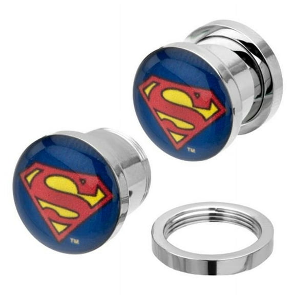 PSSMAN-2PR Screw Fit Stainless Steel Plugs with Superman Logo, 2g