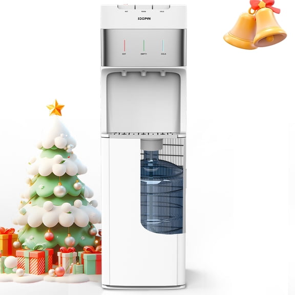 SOOPYK Bottom Loading Water Cooler Dispenser for 5 Gallon Bottle - 3 Temperatures (Hot/Cold/Room) with Child Safety Lock, Stainless Steel Tank, White & Silver, for Home & Office