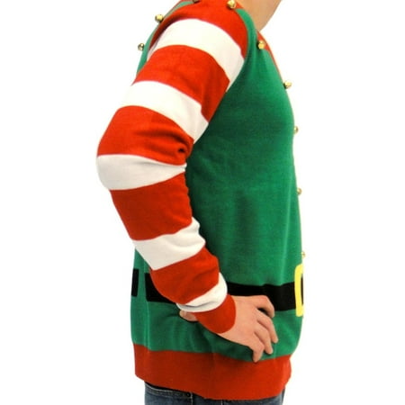 Ugly Christmas Sweater Elf with Bells Adult Green and Red Costume Sweater Ugly Christmas Sweater Elf with Bells Adult Green and Red Costume Sweater