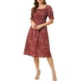 thumbnail image 1 of INSPIRE CHIC Robe d'Été pour Femme, Smockée, Florale, Encolure Carrée, Manches Courtes Bouffantes, Robe Midi, TG, Rouge Foncé, 1 of 6