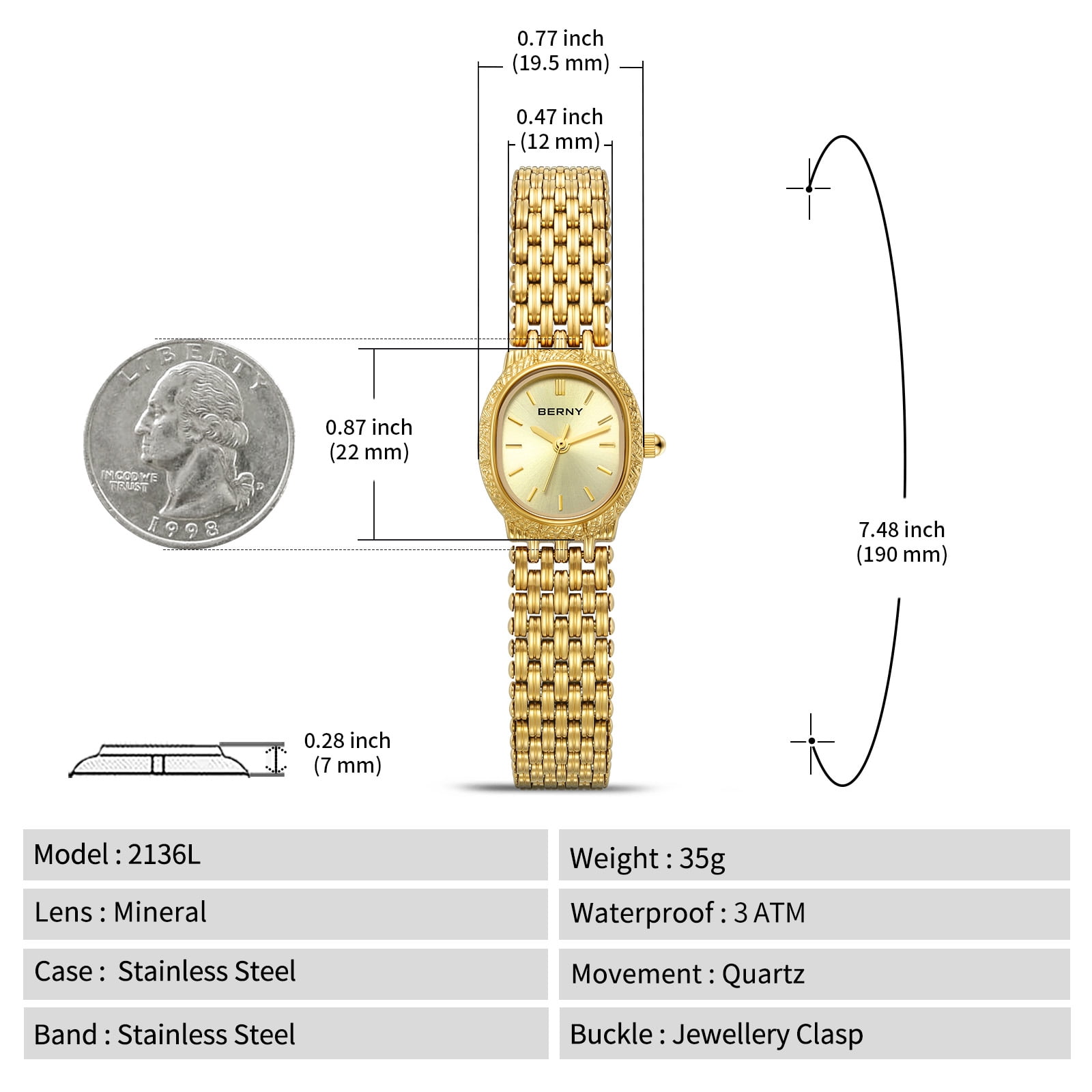 BERNY Small Gold Watches for Women, Dainty Vintage Oval Dial Stainless Steel Bracelet Watch, Adjustment Tool Included, Waterproof, Minimalist Luxury Ladies Analog Quartz Wrist Watch (Gold)