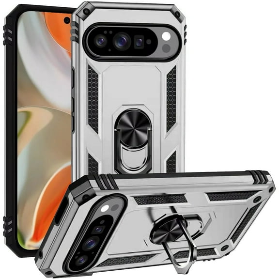 For Google Pixel 10 Pro XL Ring Magnetic Kickstand Hybrid Case Cover - Silver