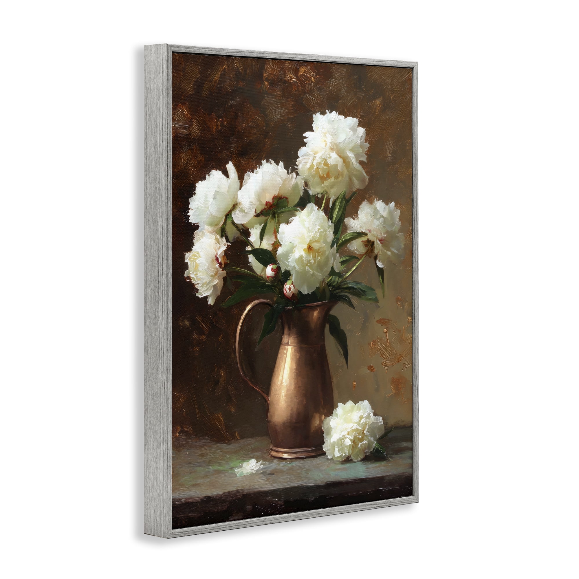 Stupell Industries Bronze Vase Peonies Gray Framed Giclee Art, design by Petal Prints Design