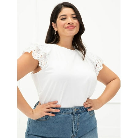 ELOQUII Elements Women's Plus Size Eyelet Sleeve T-Shirt
