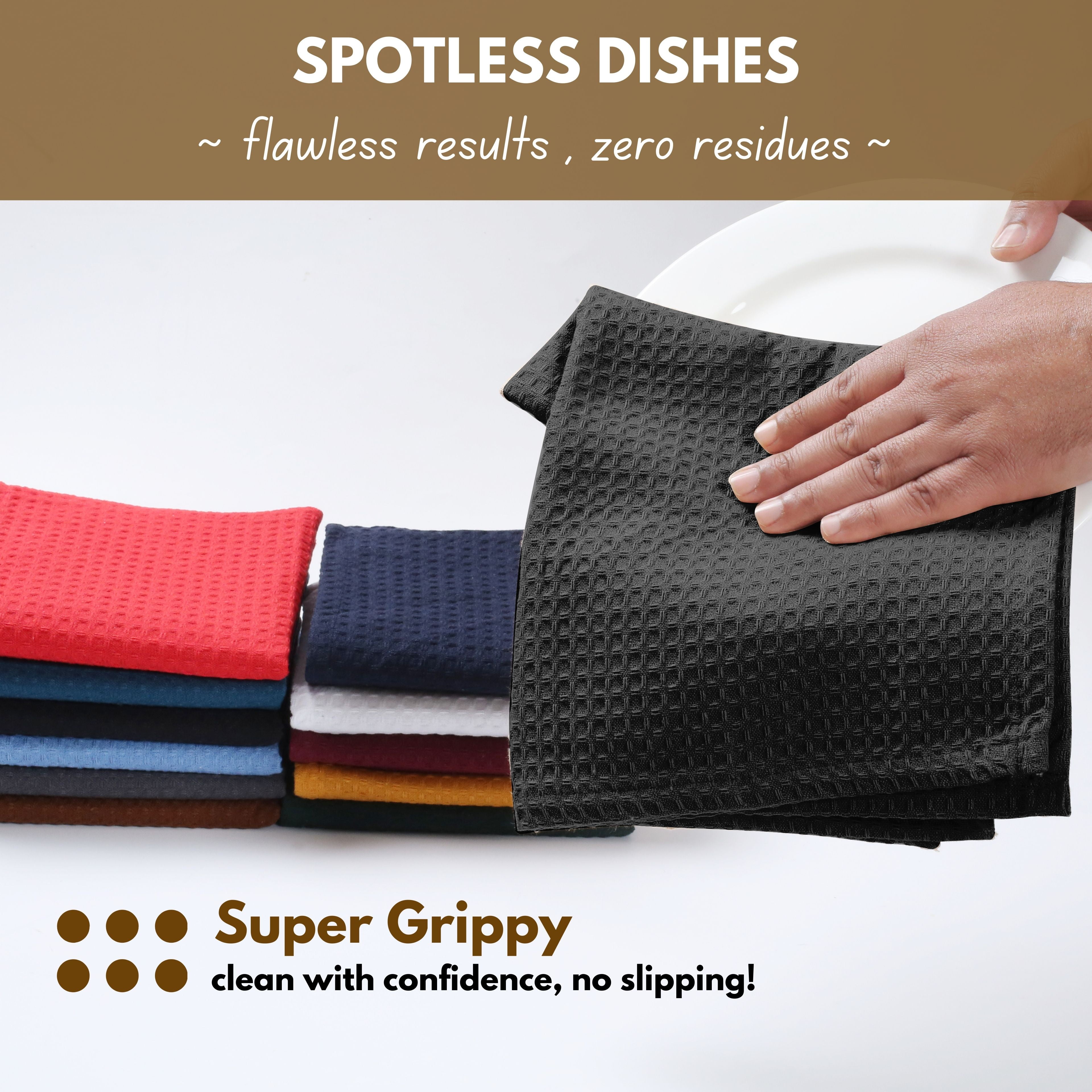 Native Fab Set of 12 Cotton Waffle Kitchen Tea Towels - Absorbent Quick Dry Dish Cloths - Black