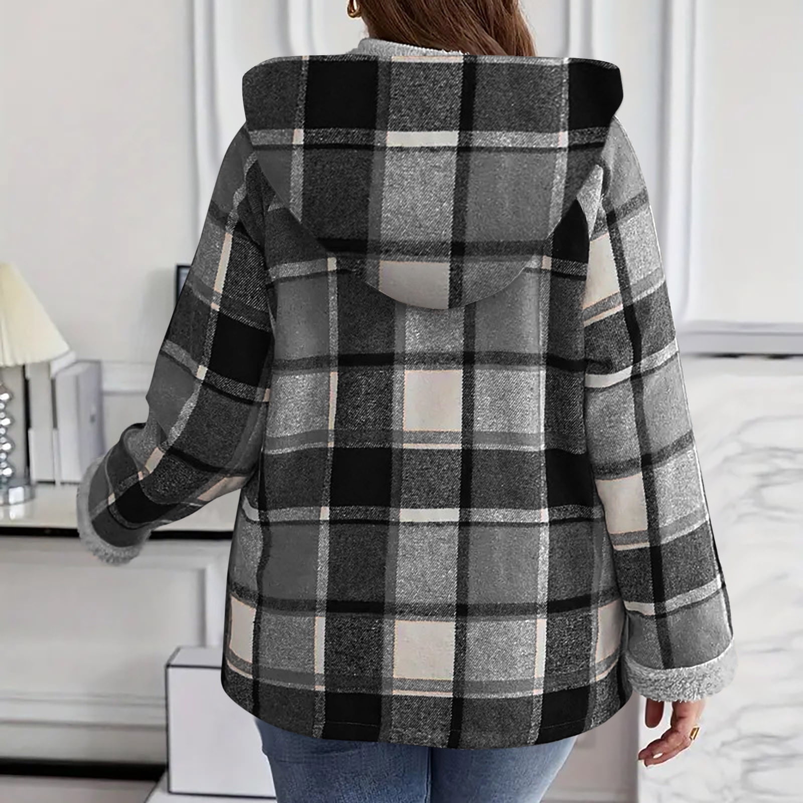 Womens Winter Coats Plaid Woolen Full-zip Hooded Jackets with Sherpa Lined Thick Warm Faux Shearling Outerwear (L, Gray)