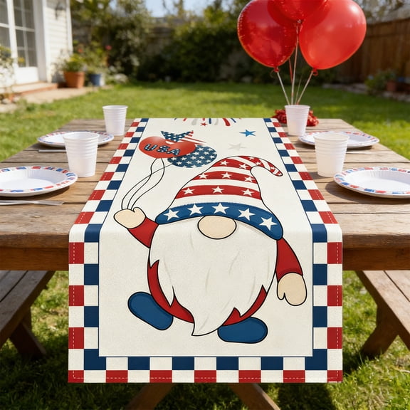 4th of July Patriotic Table Runner, Red White Blue Gnome Star Firework Pattern Independence Day Tablecloth for Kitchen Dining Home Party Decor, 13x35.4 Inch