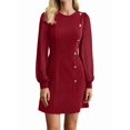 thumbnail image 2 of Women'S Spring Round Neck Button Detail Slim Fit Long Sleeve Solid Color Dress Midi Wine Red S, 2 of 8