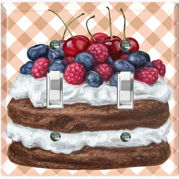 Metal Light Switch Wall Plate Outlet Cover (Layered Chocolate Berry Cherry Whipped Cream Cake - Double Toggle)