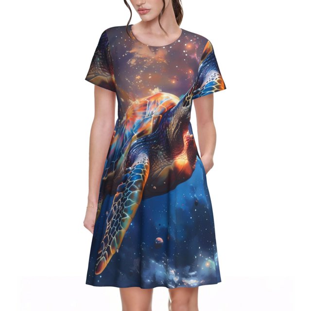 Balery Night Sky Turtle Vestidos sueltos de manga corta para mujer, vestidos de verano 2025, vestidos casuales de corte A con vuelo.