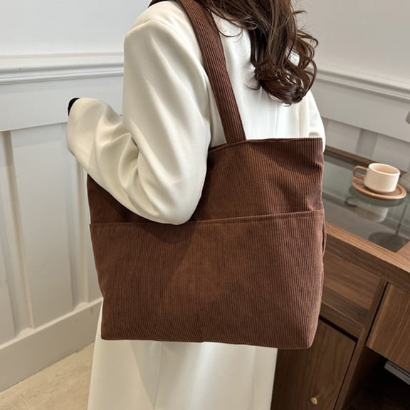 Loespoir Large Capacity Corduroy Bag, Solid Color Handbag, Stylish Shoulder Tote Bag for Students, Women Commuters, Daily Storage, Work, School, Shopping Trip(Brown)