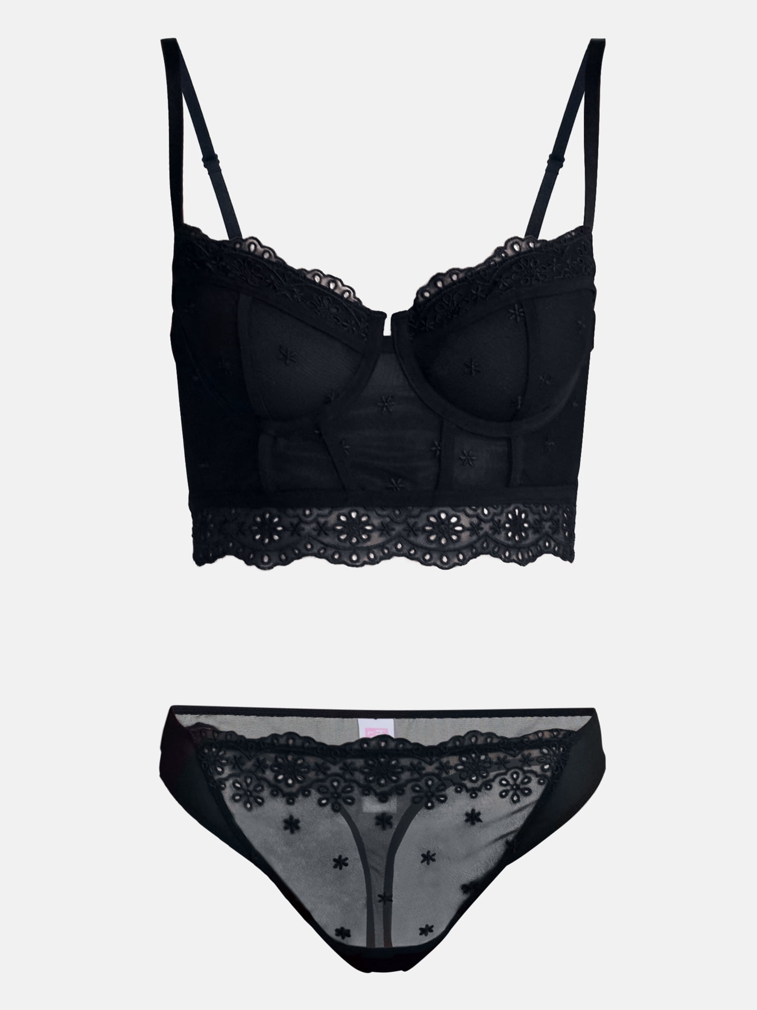 No Boundaries Embroidery Lace Bustier and Thong Panties Set, 2 Piece, Women’s XS-XXXL
