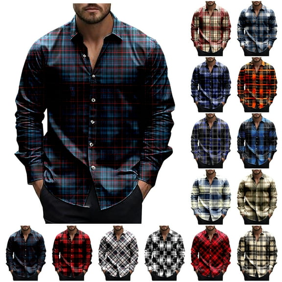 YOIAVAIOY Mens Novelty Plaid Shirt Long Sleeve Lapel Collar Casual Button Down Shirts Lightweight Stylish Print Plus Size Shackets Red M