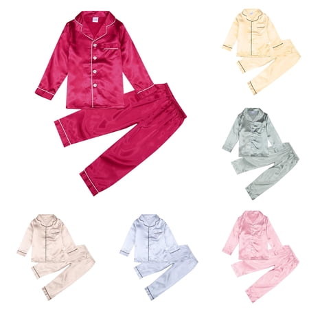 CUZIBR Boys Outfits Solid Color Lapel Collar Long Sleeve Satin Pajamas Set Button Down Sleep Shirt Top Long Pants Bottoms Sleepwear Loungewear Clothes Sets Red 13-14 Years