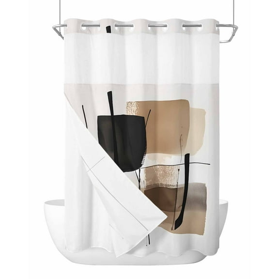 No Hook Shower Curtains with Snap in Liner, Brown Black Abstract Art Waterproof Fabric Shower Curtain, Luxury Geometric Modern Art Double Layers & See-Through Top Window Bathroom Curtains 48''x72''