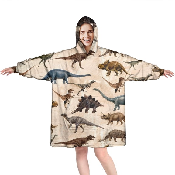 Wearable Oversized Blanket,Beige Realistic Dinosaurs Pattern Wearable Blanket Hoodie for Adults,Cozy Hooded Blankets with Super Pockets,Super Warm Fuzzy Pullover for Women & Men
