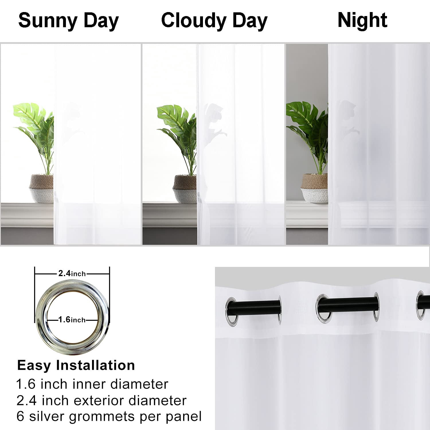 Hiasan White Sheer Curtains with Tiebacks-Light Filtering Contemporary Window Drapes for Living Room, Bedroom, Grommet, 42" x 96", Set of 2