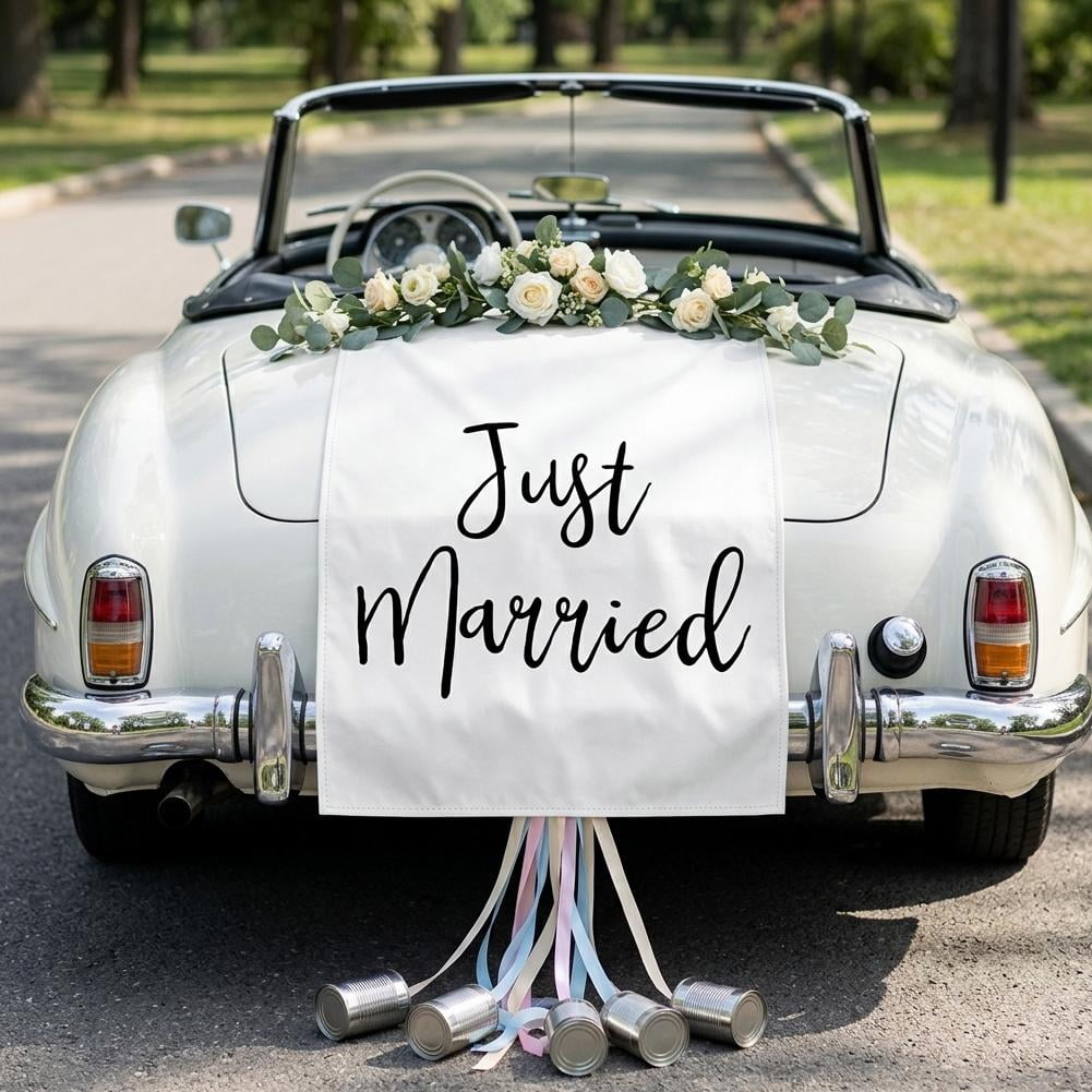 Just Married Linen Sign for Wedding Car Banner Decorations, Just Married Burlap Banner, Wedding Fabric Backdrop with Ribbons and Hooks, for WeddingCar Table Runner for Bridal Ceremony Party Supplies