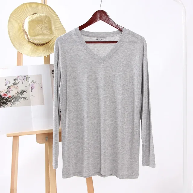 New Spring And Summer Men's T-shirt Modal Solid Color V-neck Long-sleeved Bottoming Shirt Pajamas Simple Home Service Sleep Tops