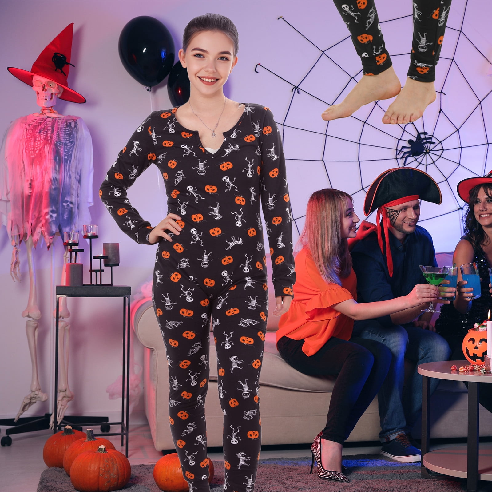Matching Pajamas Set Adult Pumpkin Skeleton Pjs Onesie Sleepwear for Women Men Halloween Christmas Couples Loungewear