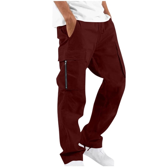 Moxiu Pantalon de Jogging Cargo en Coton pour Homme Taille Élastique à Cordon Léger Poches Zippées Pantalon Athlétique Bordeaux,S