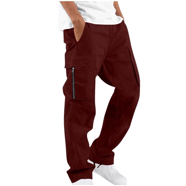 Ceisia Men's Solid Color Straight Leg Cargo Pants with Multi-Pockets for Outdoor & Casual Wear Wine XL Gifts