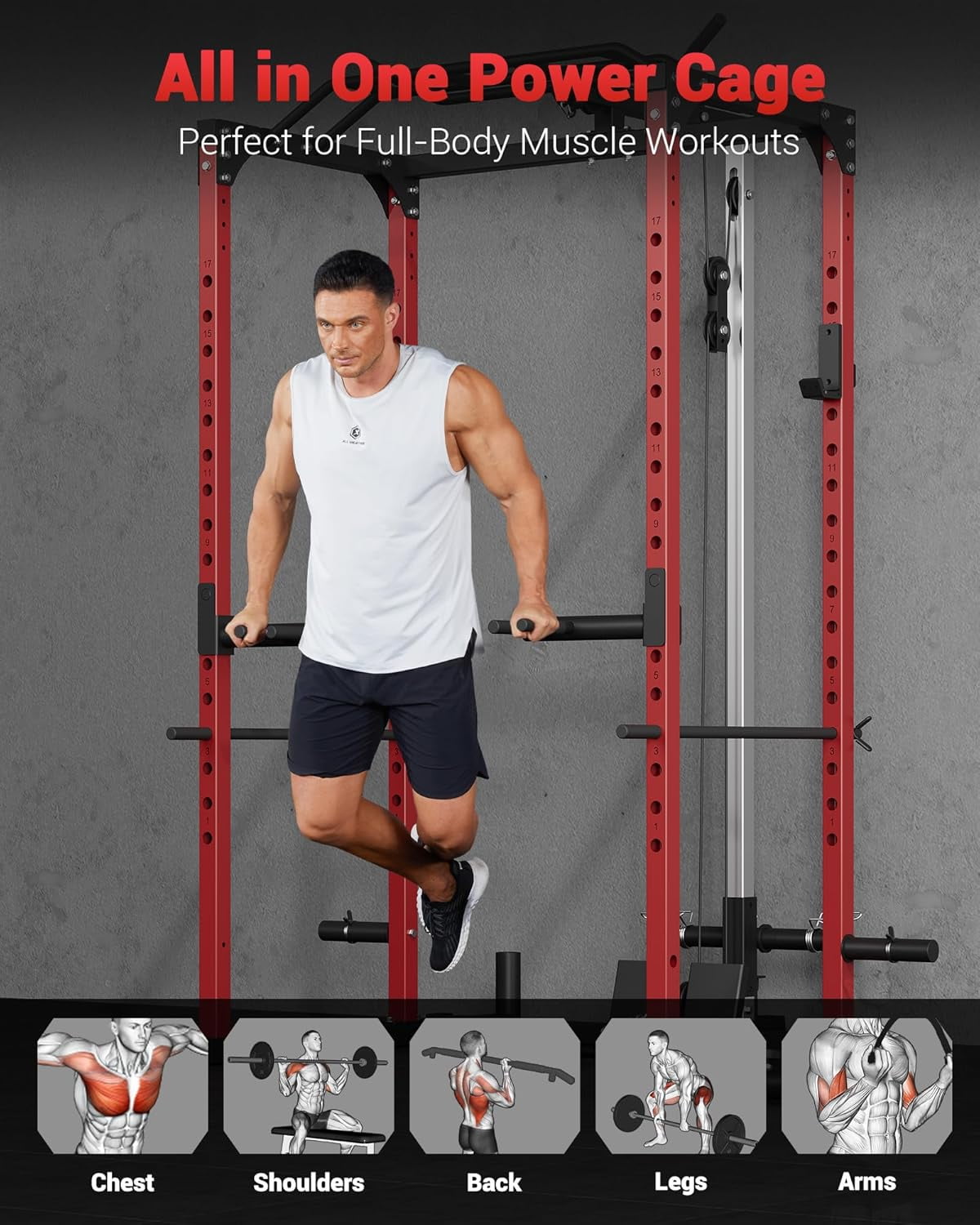 Hetoy Power Cage, Multi-Purpose Power Rack for Home Gym with Cable Crossover System, 150 lb. Weight Capacity Fitness Squat Rack for Strength Workouts with More Training Accessories