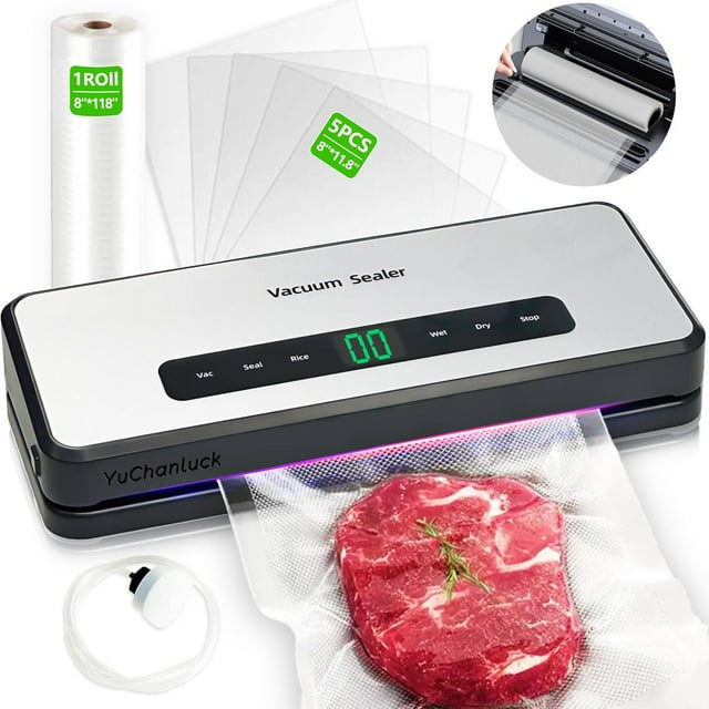 HLONK Machine de Scellage sous Vide avec Rouleau de Sac Intégré, Rangement et Coupe Rapide, Scelleuse Alimentaire 90kpa, Aspiration Puissante, Multi-Fonctionnelle, avec 1 Rouleau de Sac, 5 Pcs Pré-Découpées
