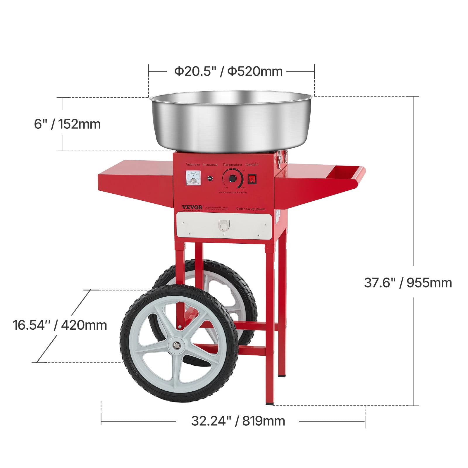 VEVOR Electric Cotton Candy Machine with Cart, 1000W Commercial Candy Floss Maker with 20.5 in Stainless Steel Bowl, Sugar Scoop, and Drawer, Easy to Use, for Home, Kids Birthday, Family Party, Red