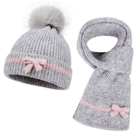 BFHHYA Toddler Girls' 2PC Warm Gift Set Beanie & Scarf Set Kids Bowknot Fleece-Lined Winter Hat Scarf for Casual Outings & Family Trips(2-6Y)